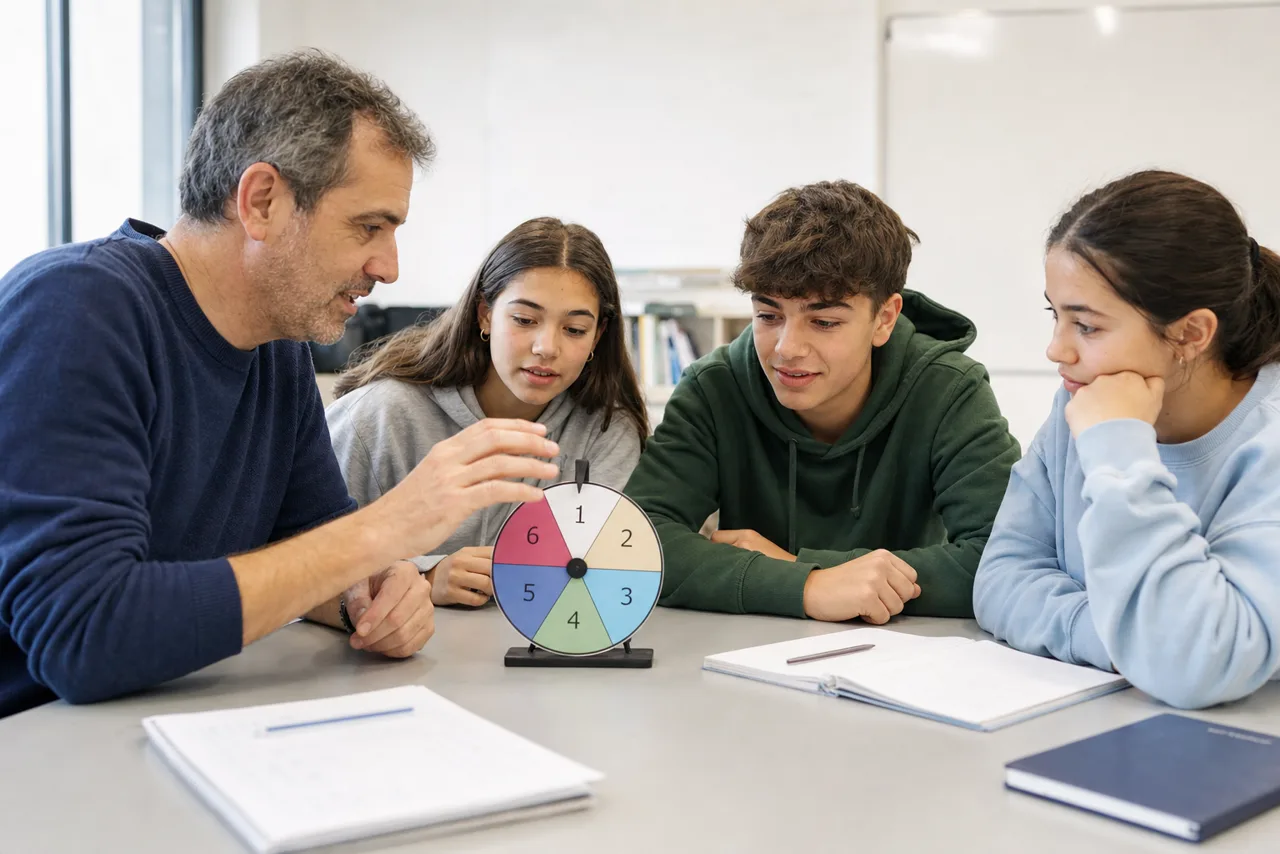 Profesor y estudiantes usan una ruleta de números para elegir un ejercicio en clase